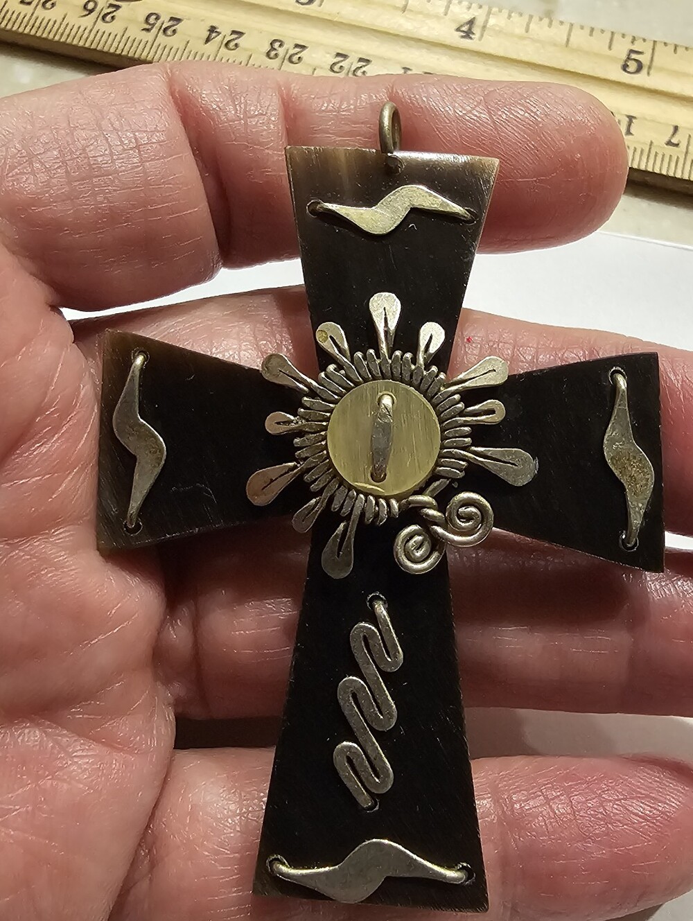 Vintage African Horn & Brass Cross Pendant Handmade Tribal Boho Statement Cross